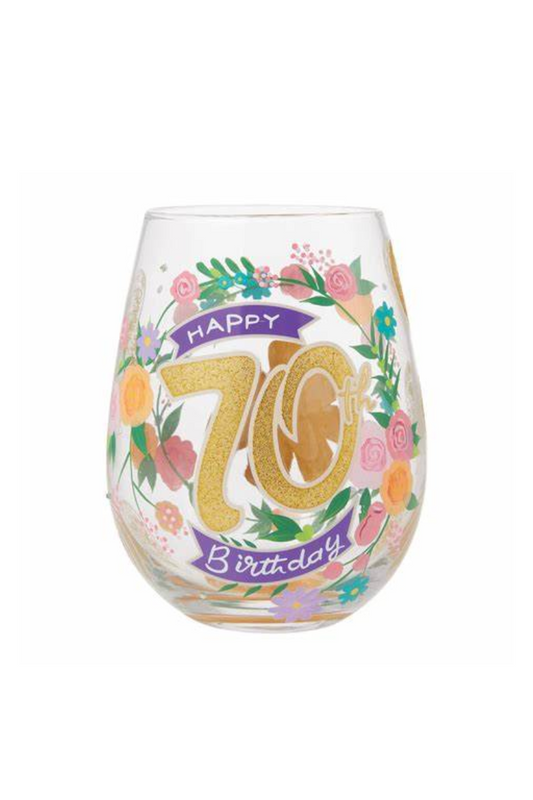 Light Gray Lolita Happy 70th Birthday 20oz. Stemless Wine Glass