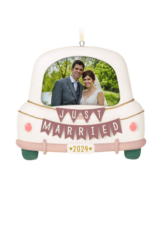 Antique White 2024 Ornament - Just Married Porcelain Photo Frame