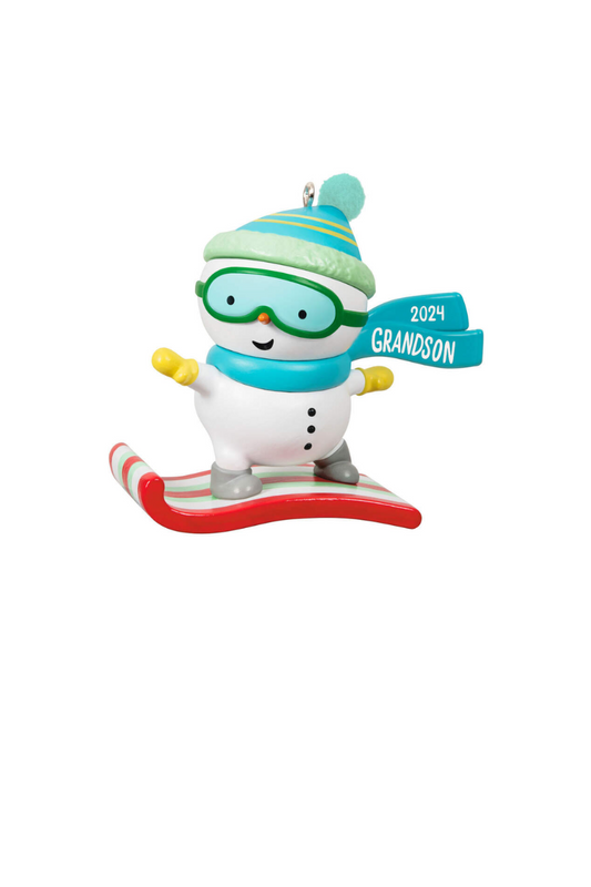 Light Sea Green 2024 Ornament - Grandson Snowboarding Snowman