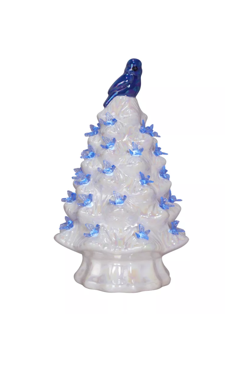 Gray LED Bluebirds Tree Glazed Ceramic Retro B/O Timer Colored Bulbs