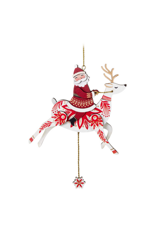 Brown 2024 Ornament - Pull-String Reindeer with Santa Wood Ornament