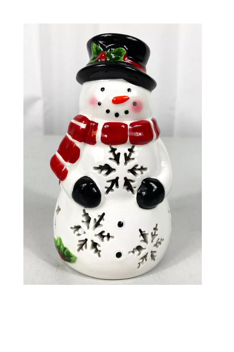 Light Gray Snowy LED Ceramic Snowman Battery Operated/Included w/Timer