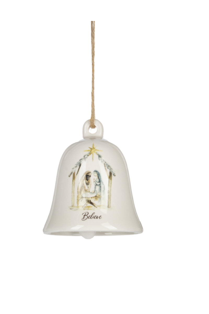 Light Gray Nativity Scene Bell Ornament