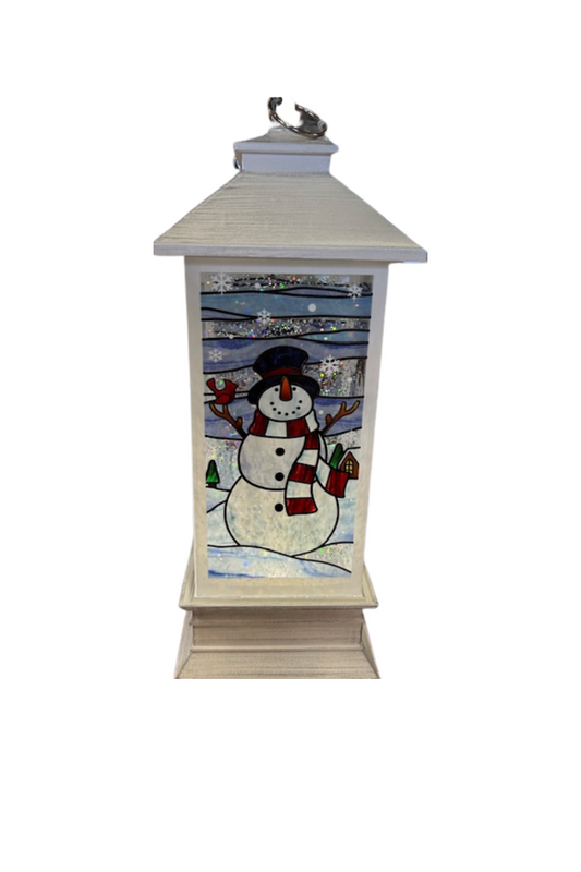 Dark Gray 11.75" Stained Glass Christmas Glitter Lantern - Snowman