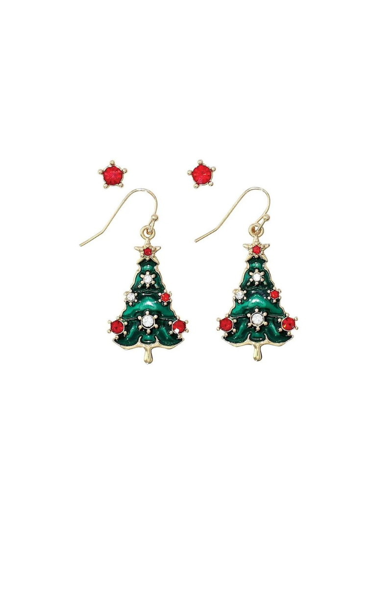 Dark Slate Gray Periwinkle by Barlow: Christmas Tree and Red Crystal Set- Earrings